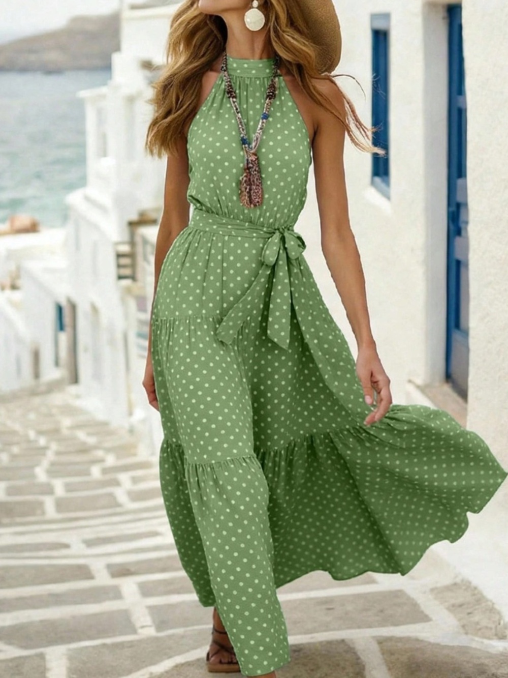 Polka Dot Green Boho Style Maxi Belted Halter Dress - Picture 7 of 8